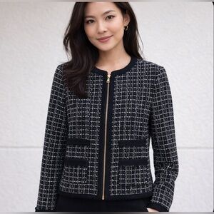 NWOT Ann Taylor Tweed Wool Blend Zip Jacket Blazer Career Black/White Size 10